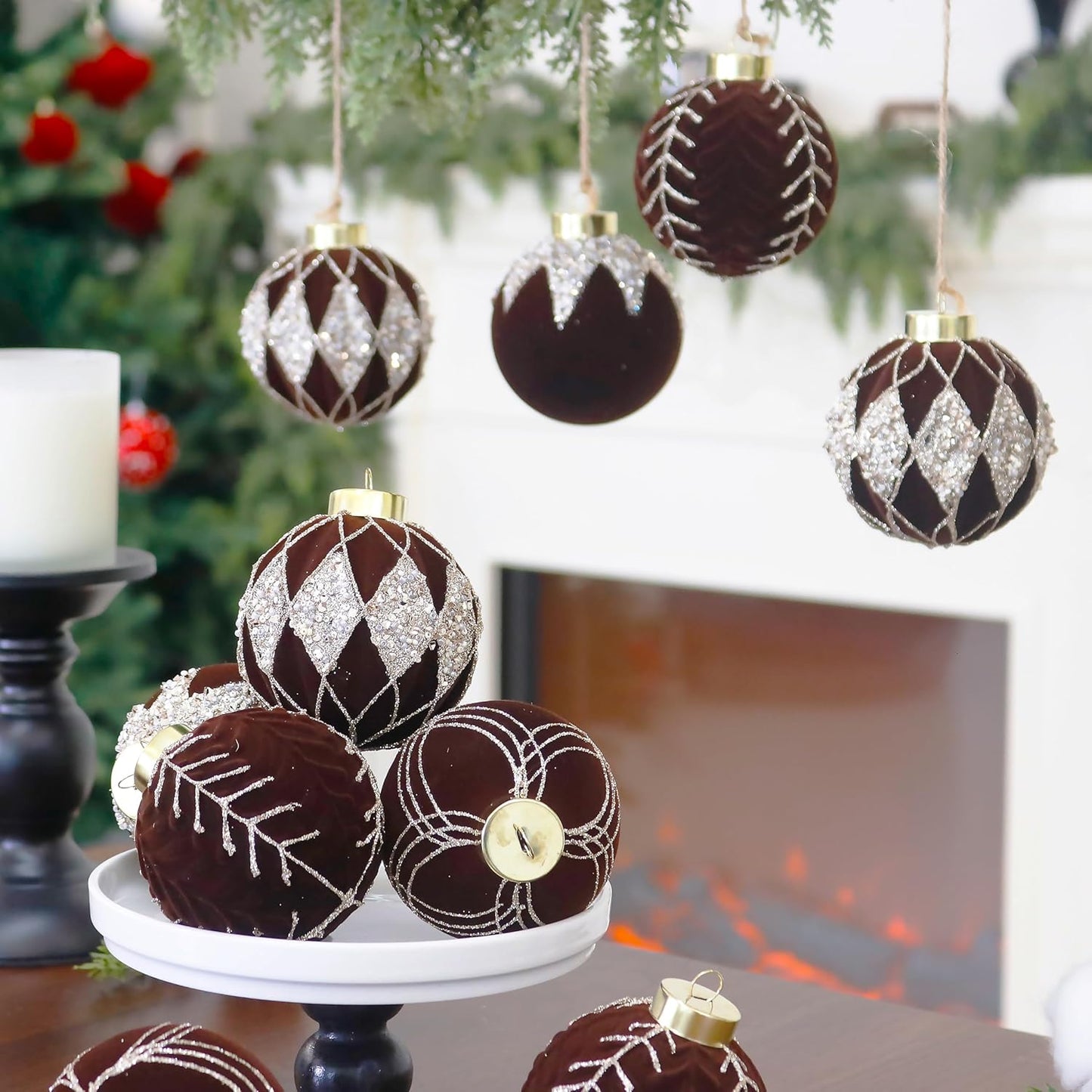 4inch Velvet Ornaments for Christmas Tree, 9PCS Glitter Flocked Christmas Ornaments Decorations Balls Set Decor Brown