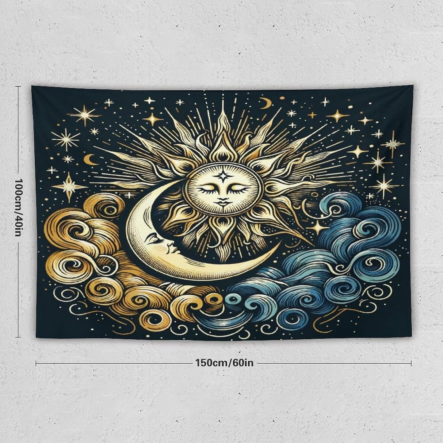 HZOHNAGO Sun Moon Tapestry Boho Golden Stars Pattern Printed Wall Tapestry Wall Hanging for Bedroom Living Room Dorm 60" W x 40" H