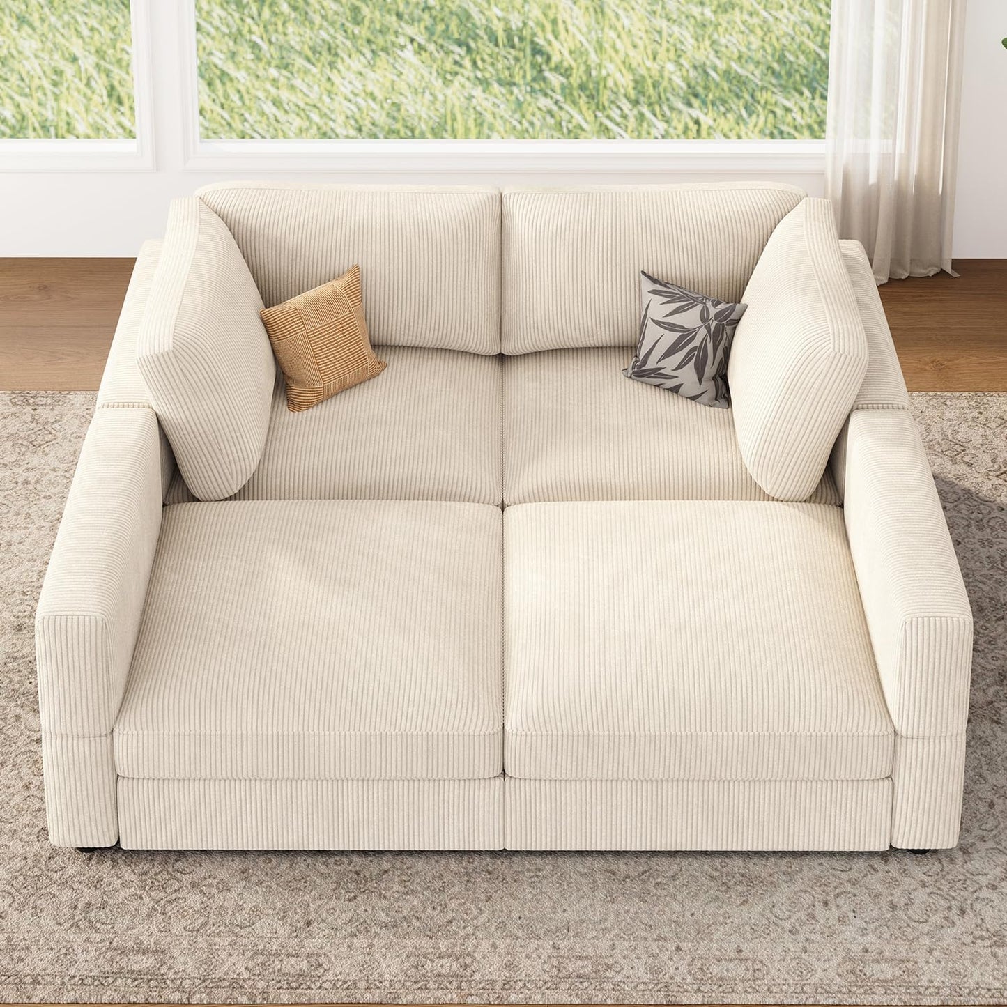 HONBAY Modular Sectional Couches with Storage Corduroy Sleeper Sofa Modular Sectional Couches for Living Room,Beige