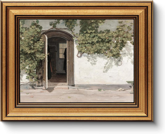 HUARCEY Gold Framed Vintage Wall Art Vineman Climbing The Walls Farmhouse Wall Decor Opening Door Oil Painting Picture Canvas Print Art Home Decor Aesthetic for Bedroom Bathroom Office 8x10in