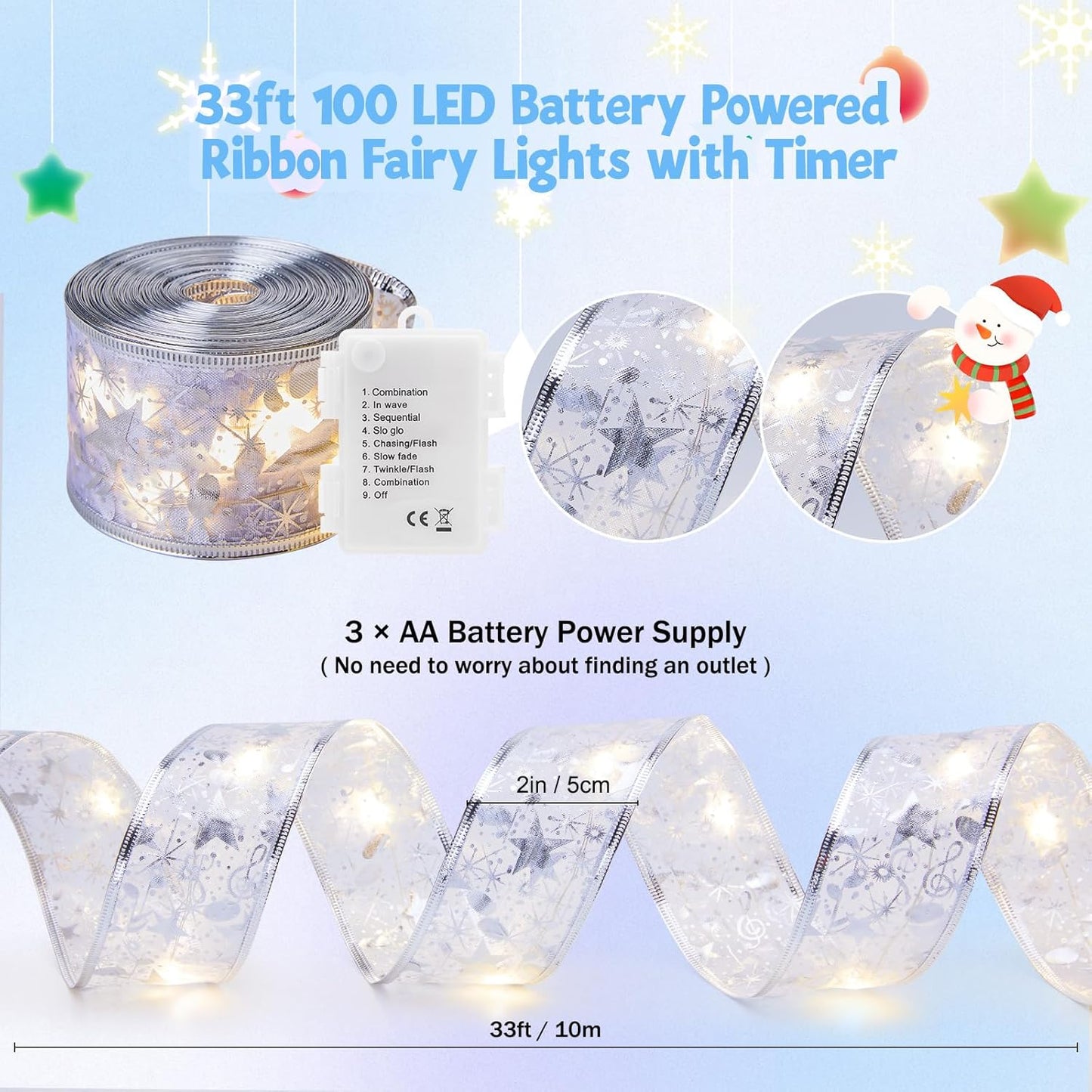 2 Pack Christmas Tree Ribbon String Lights - 33ft 100 LED Battery Powered Ribbon Bow Fairy Lights with Timer and 8 Lighting Modes for 6ft - 8ft Christmas Tree New Year Decor, Silver Ribbon