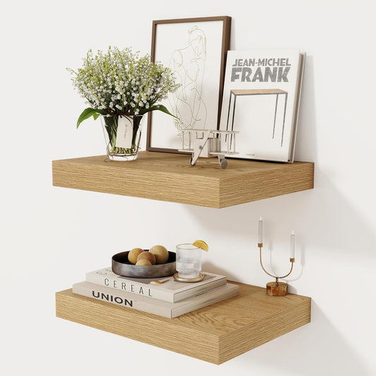 12 Inch Deep Floating Shelves, 16 x 12 Floating Shelf for Books, Rustic Wood Deep Wall Shelves for Home Storage & Display, 2" Thicked Shelves for Kitchen, Living Room, Bedroom, Oak Color, 2 Pack