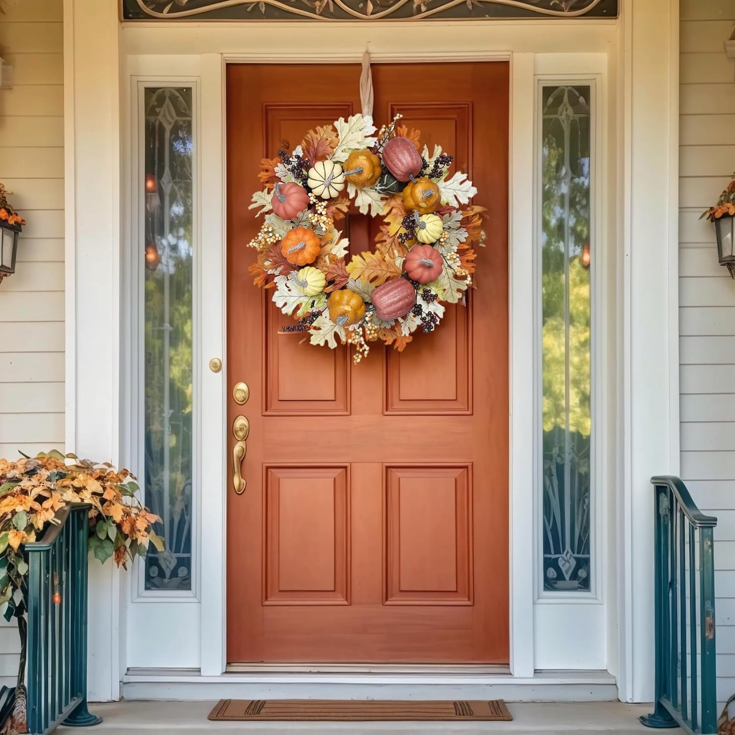 24 inch Fall Wreaths for Front Door Outside Autumn Wreath Fall Decorations for Home Decor Pumpkin Wreath for Farmhouse Holiday Thanksgiving Harvest Halloween Outdoor Indoors Fall Front Porch