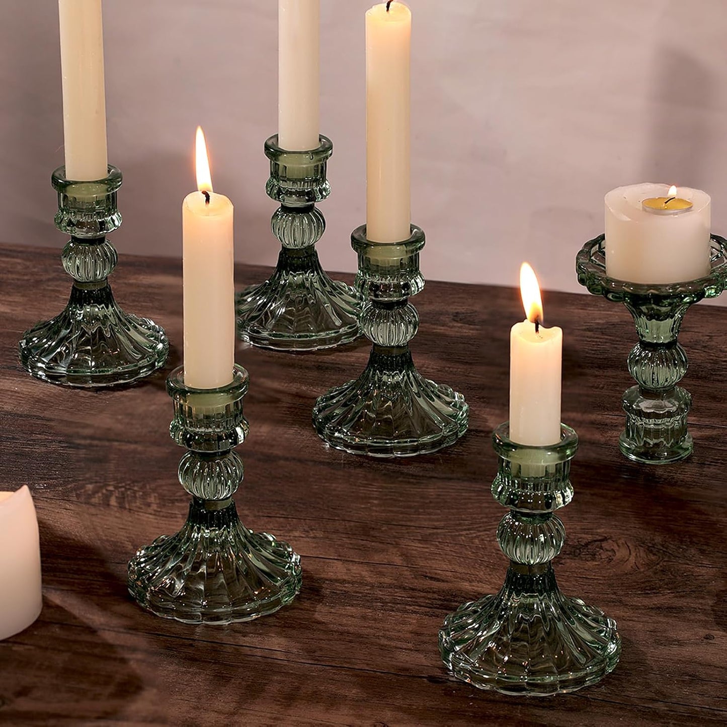 12PCS Green Candlestick Holders Set- 4" H Taper Candle Holders, Glass Candle Holders Bulk for Wedding, Party, Home Table Centerpieces, Festival Gifts & Windowsill Decor