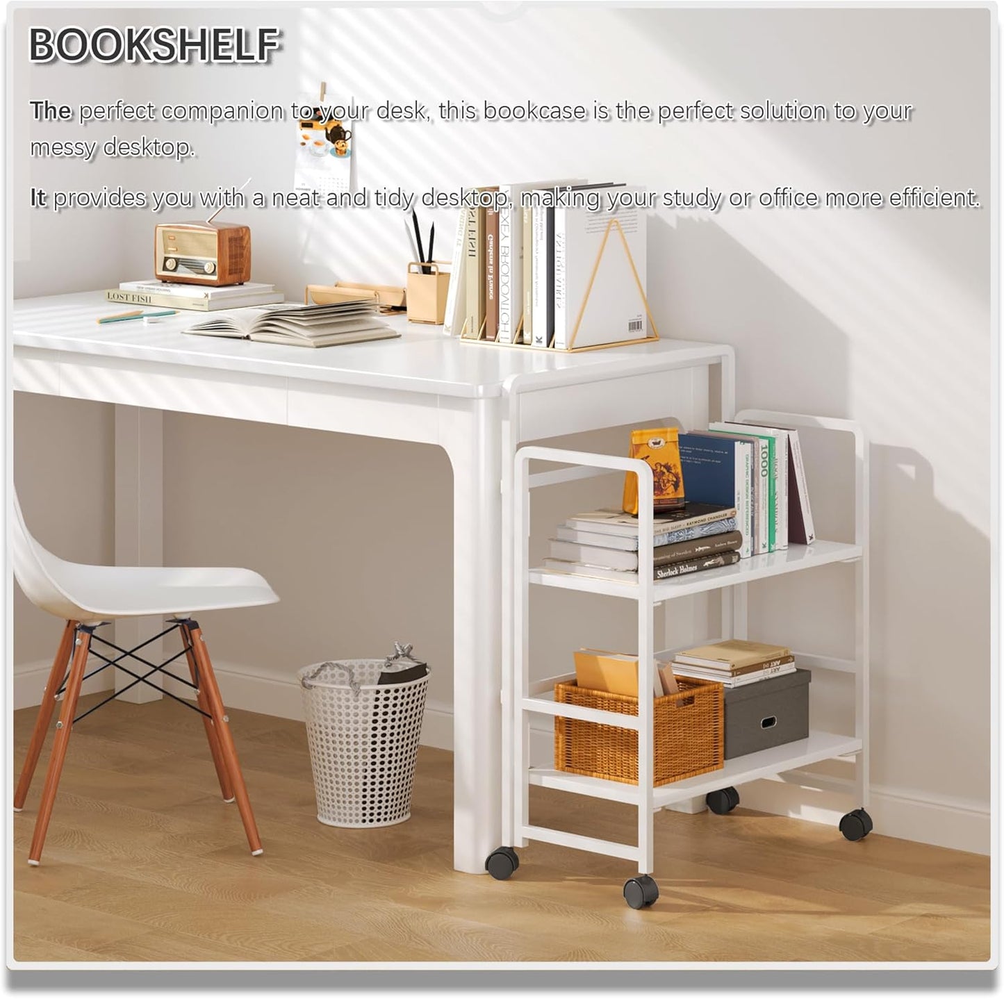 4NM 2 Tiers No-Assembly Folding Bookshelf with Wheels, Portable Rolling Storage Bookcase & Compact Side Table for Living Room, Bedroom, Kitchen, Bathroom (All White)