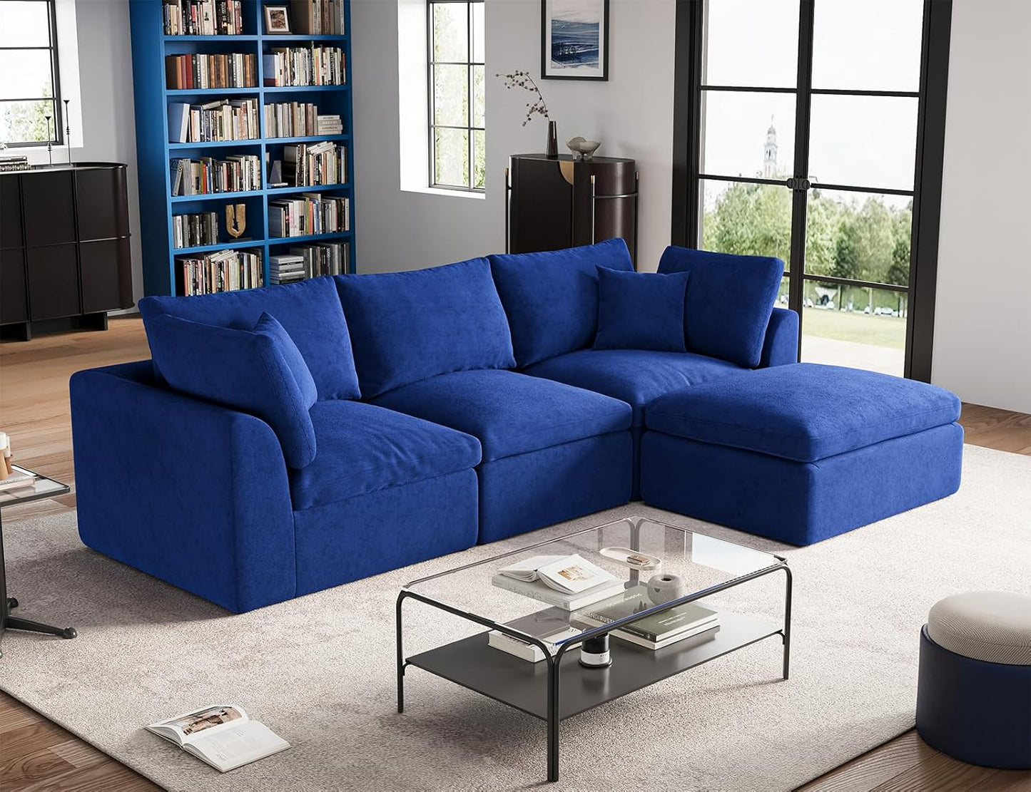 110" Cloud Sectional Couches for Living Room, Boneless L-Shape Couch with Ottoman, 3 Seater Modular Sectional Sofa, Blue