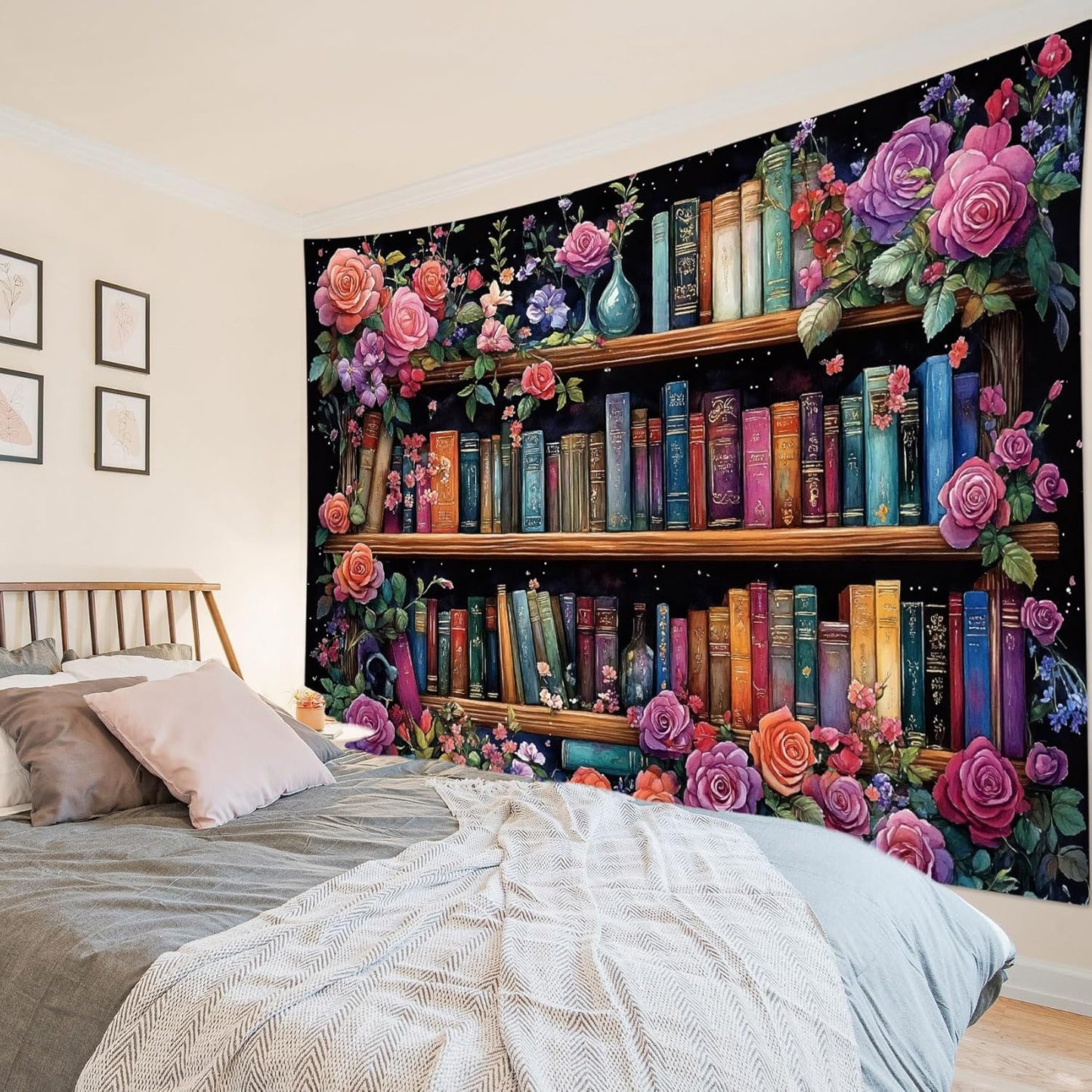 HVEST Bookshelf Tapestry Wall Hanging Pink Floral Green Leaf Watercolor Plant Botanical Aesthetic Wall Decor Vintage Library Book Tapestry for Bedroom Living Room Dorm, 60L x 80W Inches