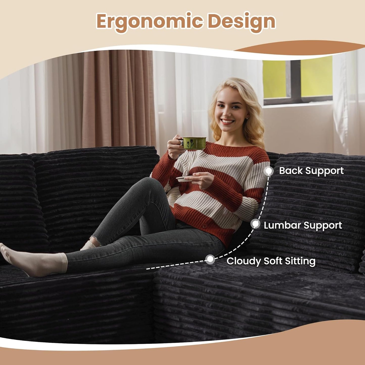 HOOOWOOO Cloud Sectional Couches for Living Room,Modular Sectional Sofa No Assembly,136X70 Inch Plush Corduroy Large U Shape Floor Couch Set with Deep Seat(Black)