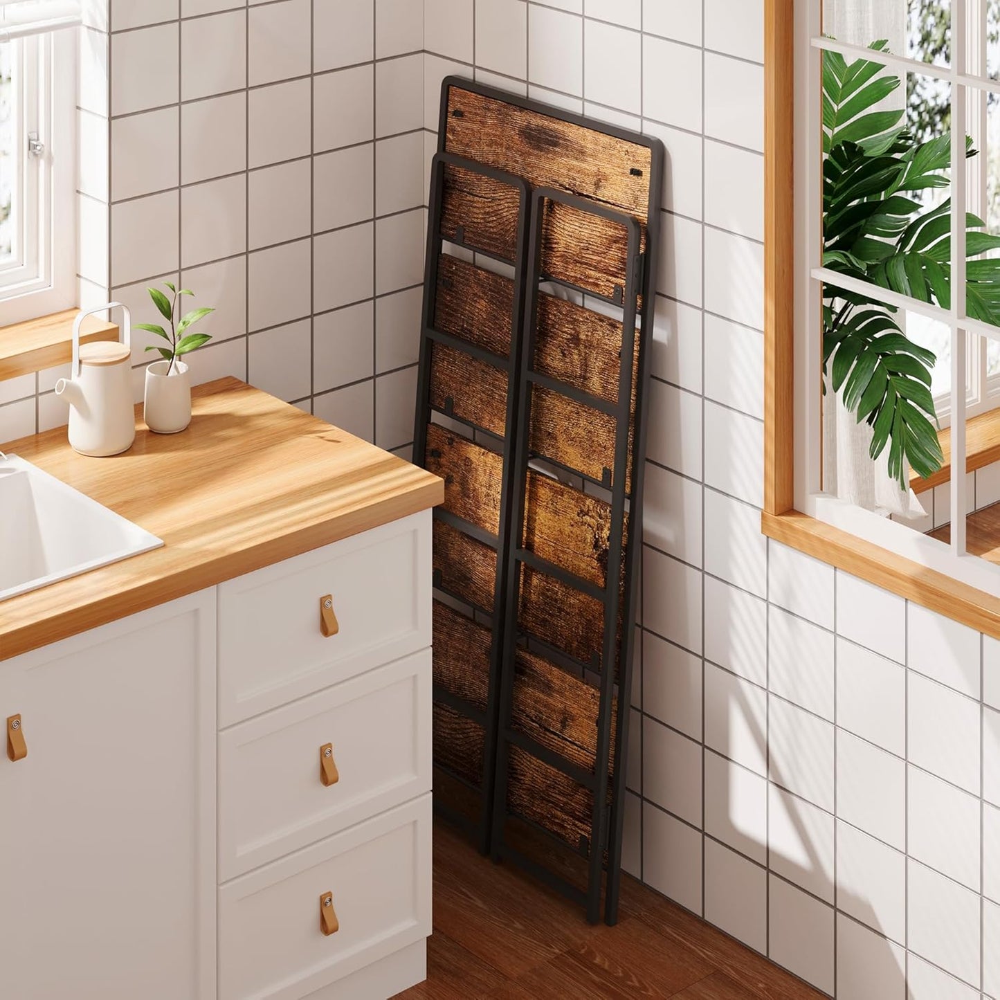 4NM No Assembly Foldable Bookshelf, 4-Shelf Collapsible Bookcase Storage for Small Spaces, 54" H, Rustic Brown and Black