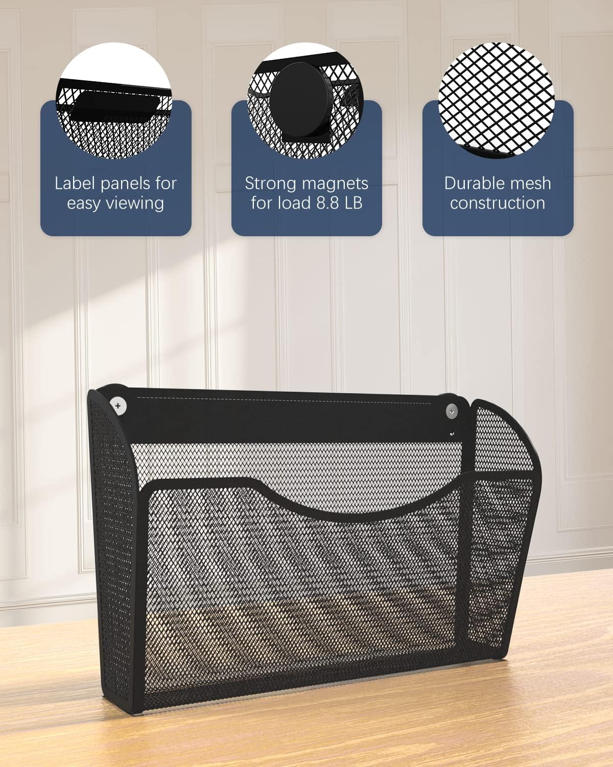 3 Pack 1-Tier Magnetic File Holder - No Drilling Installation File Organizer, Large Capacity Magnetic File Holder for Refrigerator, File Cabinets, Whiteboard, Office, Kitchen