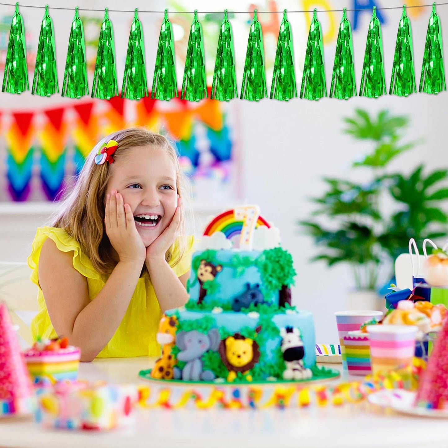 4P Green Foil Fringe Metallic Streamers Banner Tassel Garland for Parade Floats, Bachelorette, Wedding, Birthday, Halloween, Christmas, Bridal/Baby Shower Party Decorations