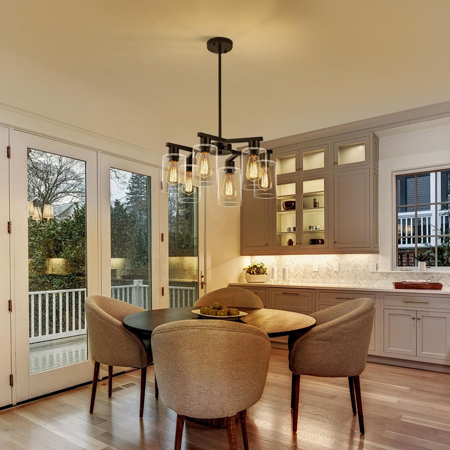 6-Light Modern Farmhouse Black Chandelier, Dining Room Light Fixture Over Table Adjustable Height Hanging Industrial Pendant Lights Kitchen Island, Clear Glass Shade