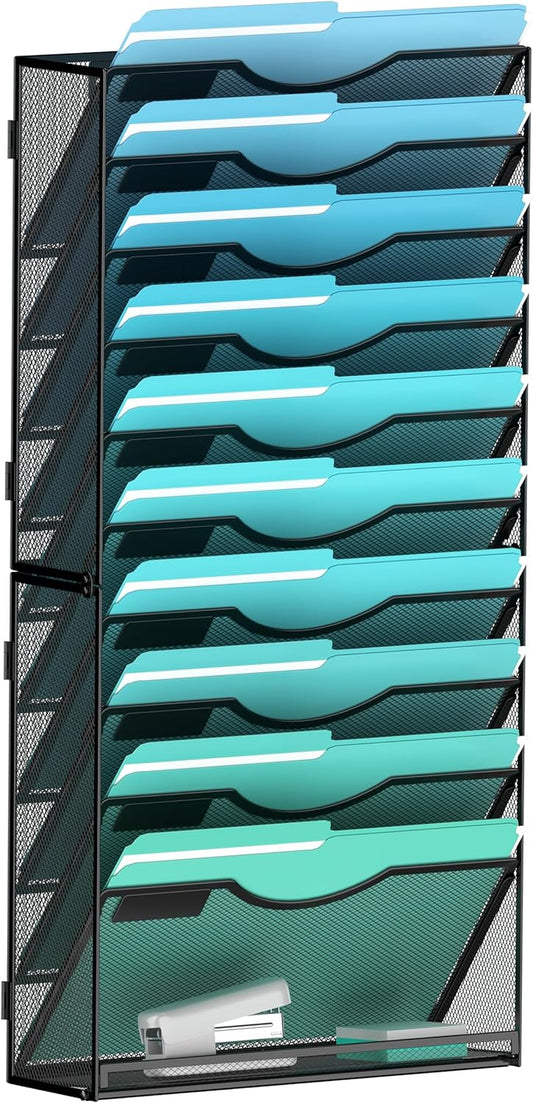 11-Tier Wall File Organizer Hanging Wall File Holder Wall Mount Paper Folder Organize, Mesh Magazine Document Mail Organizer Wall Organizer for Office School Home, Black