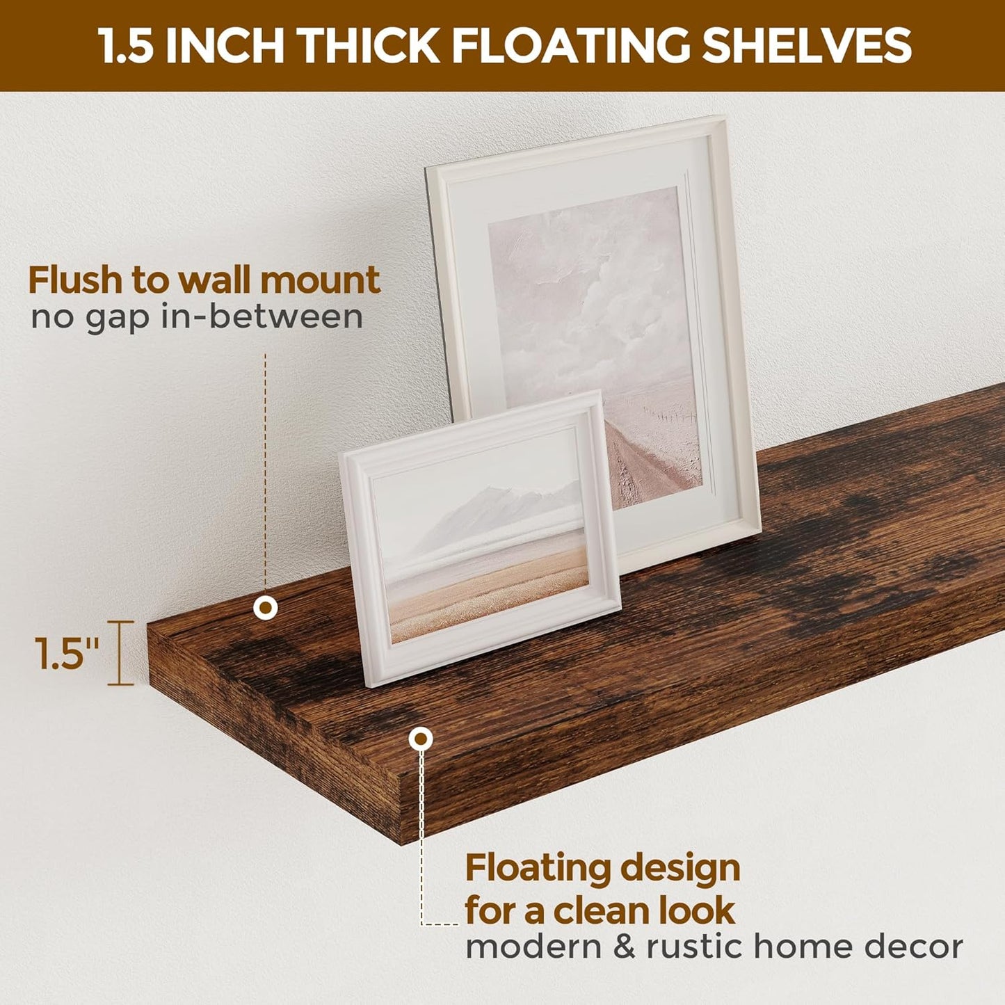 40 Inch Floating Shelvese, 40" W x 9" D Floating Shelf Set of 2, Farmhouse Wood Wall Shelves for Bedroom, Kitchen, Wall Mounted Deep Shelving for Home Decor, Rustic Brown Color