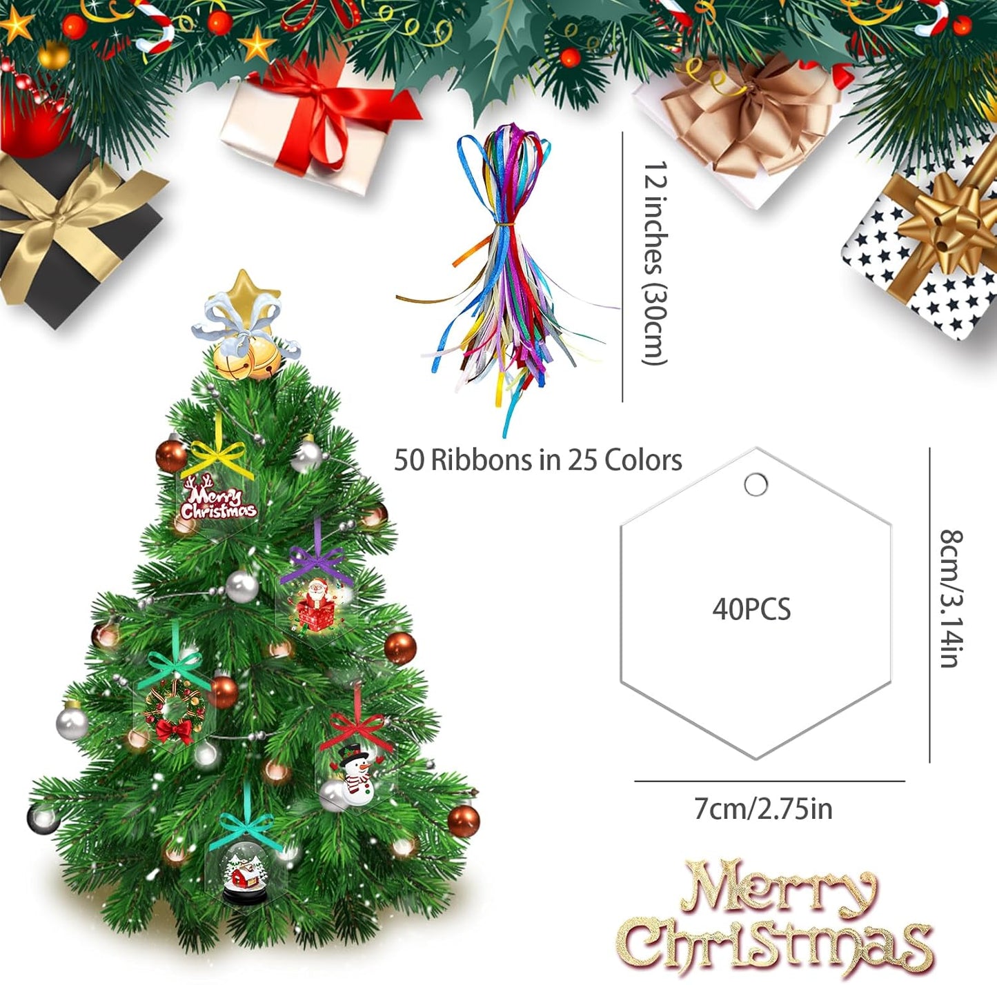 40 Pieces Christmas Hanging Ornaments Set 3''Christmas Ornament Acrylic Blank with 50Pcs 25 Color Ribbons for Christmas Tree DIY Decor (Classic Hexagon, 40.00)