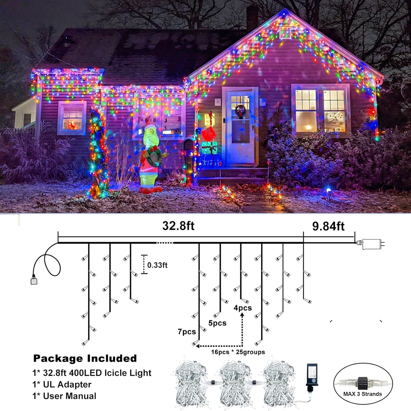 Icicle Lights for Outside, 33FT 400 LED Icicle Christmas Lights Outdoor Indoor with 8 Modes 75 Drops, Waterproof Connectable Twinkle String Light for Eaves Patio Garden Wedding Party Decor, Multicolor