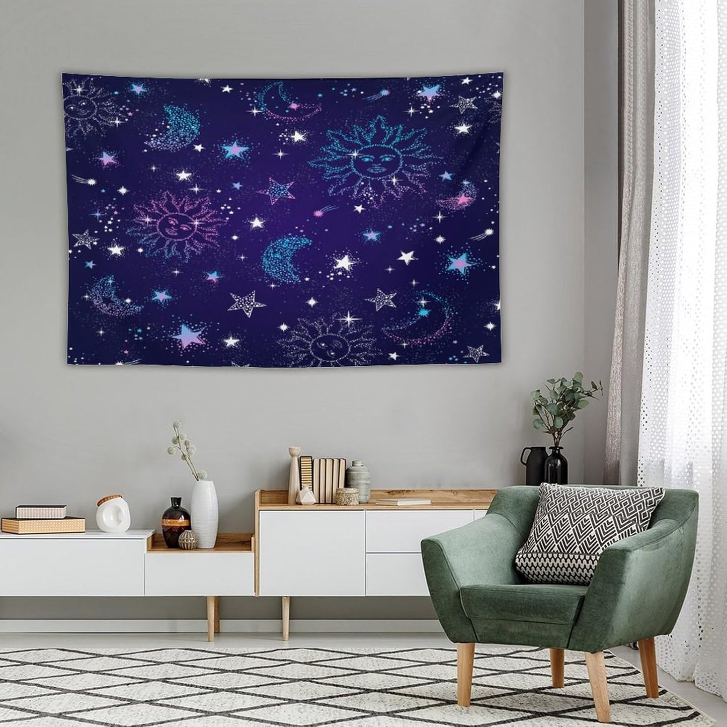 HZOHNAGO Boho Sun Moon Tapestry Purple Blue Sun Stars Galaxy Pattern Printed Wall Tapestry Wall Hanging for Bedroom Living Room Dorm 90" W x 60" H