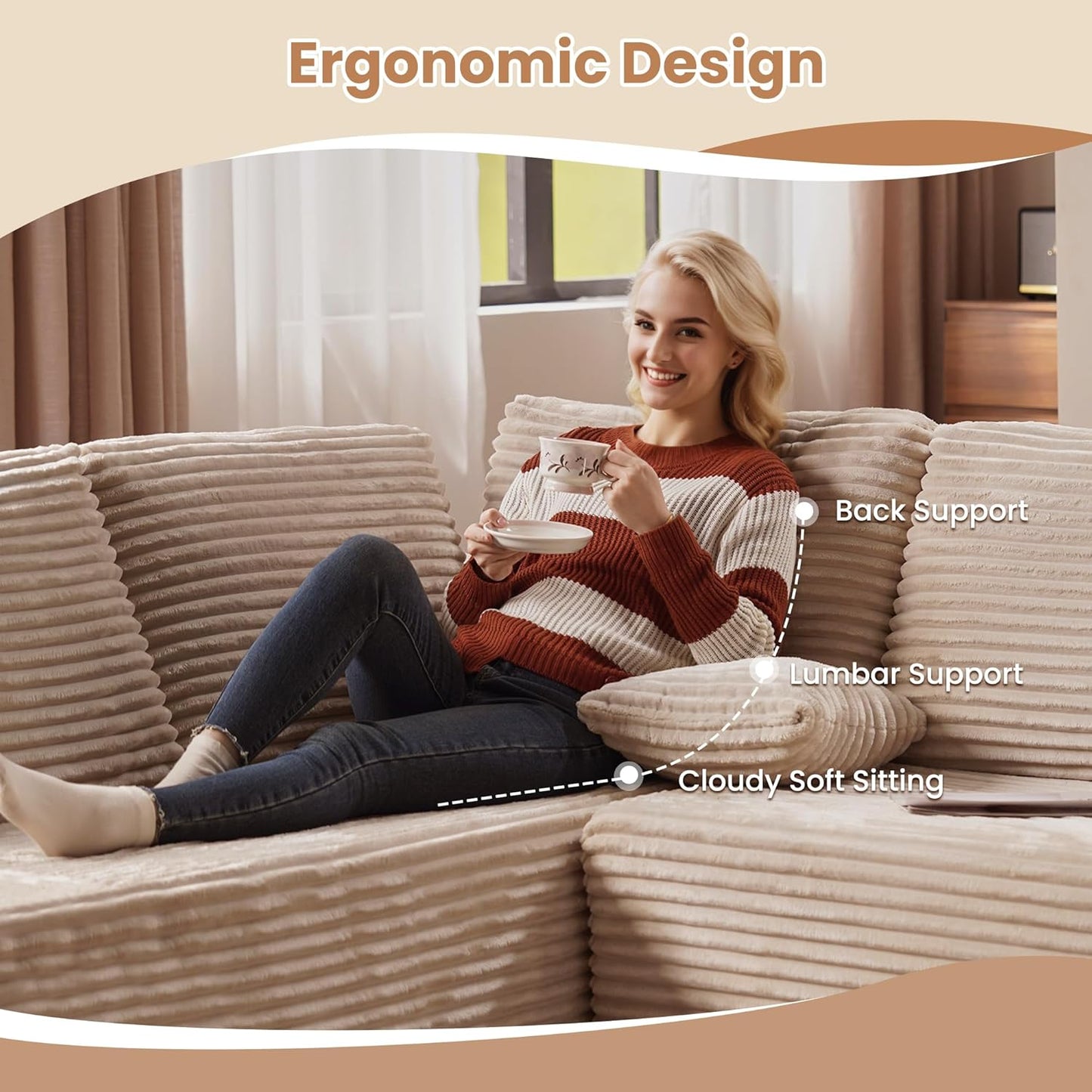 HOOOWOOO Cloud Sectional Couches for Living Room,Modular Sectional Sofa No Assembly,138X108 Inch Plush Corduroy Large L Shaped Floor Couch Set with Deep Seat(Beige)