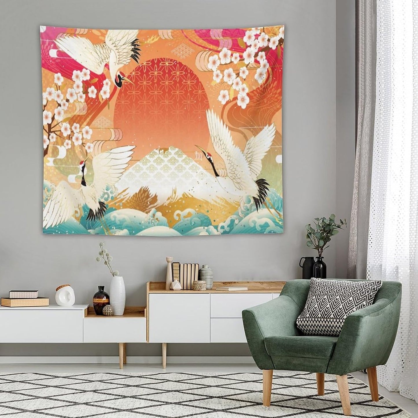 HZOHNAGO Japanese Tapestry Cherry Blossom Crane Sea Wave Fuji Mountain Red Sun Pattern Printed Wall Tapestry Painting Wall Hanging for Bedroom Living Room Dorm 60" W x 50" H