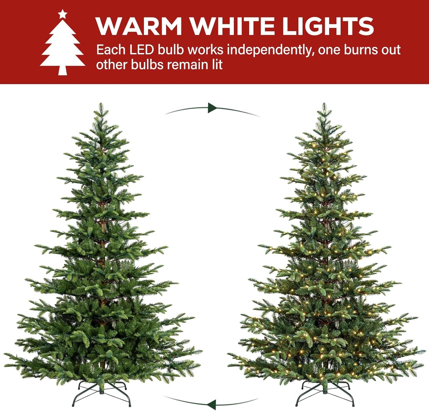 Hykolity 7.5 ft Prelit Christmas Tree, Artificial Christmas Tree with 450 Warm White LED Lights, 1173 PE&PVC Branch Tips, Metal Stand and Hinged Branches