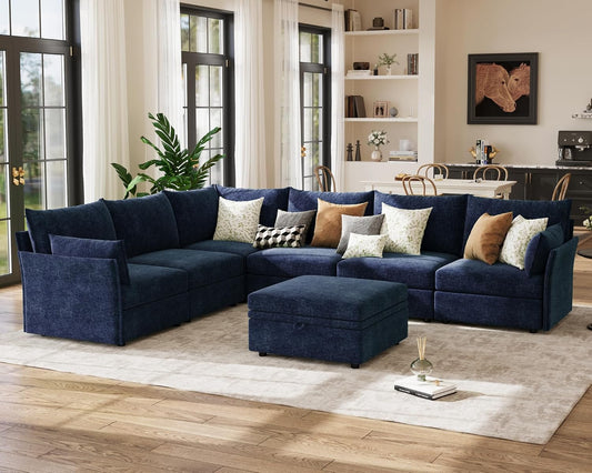 136.4" Oversized Modular Sectional Sofa, L Shaped Convertible Couch with Movable Ottoman, Large 7 Seat Corner Couches for Living Room Deep Seat Blue Chenille