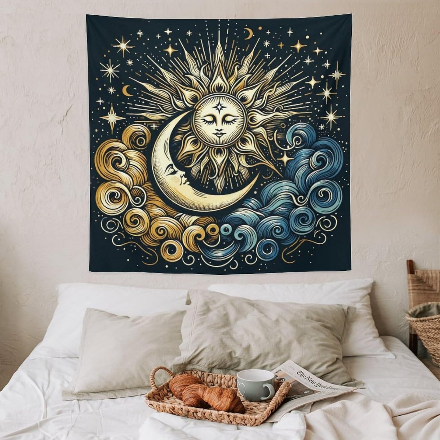 HZOHNAGO Sun Moon Tapestry Boho Golden Stars Pattern Printed Wall Tapestry Wall Hanging for Bedroom Living Room Dorm 60" W x 60" H