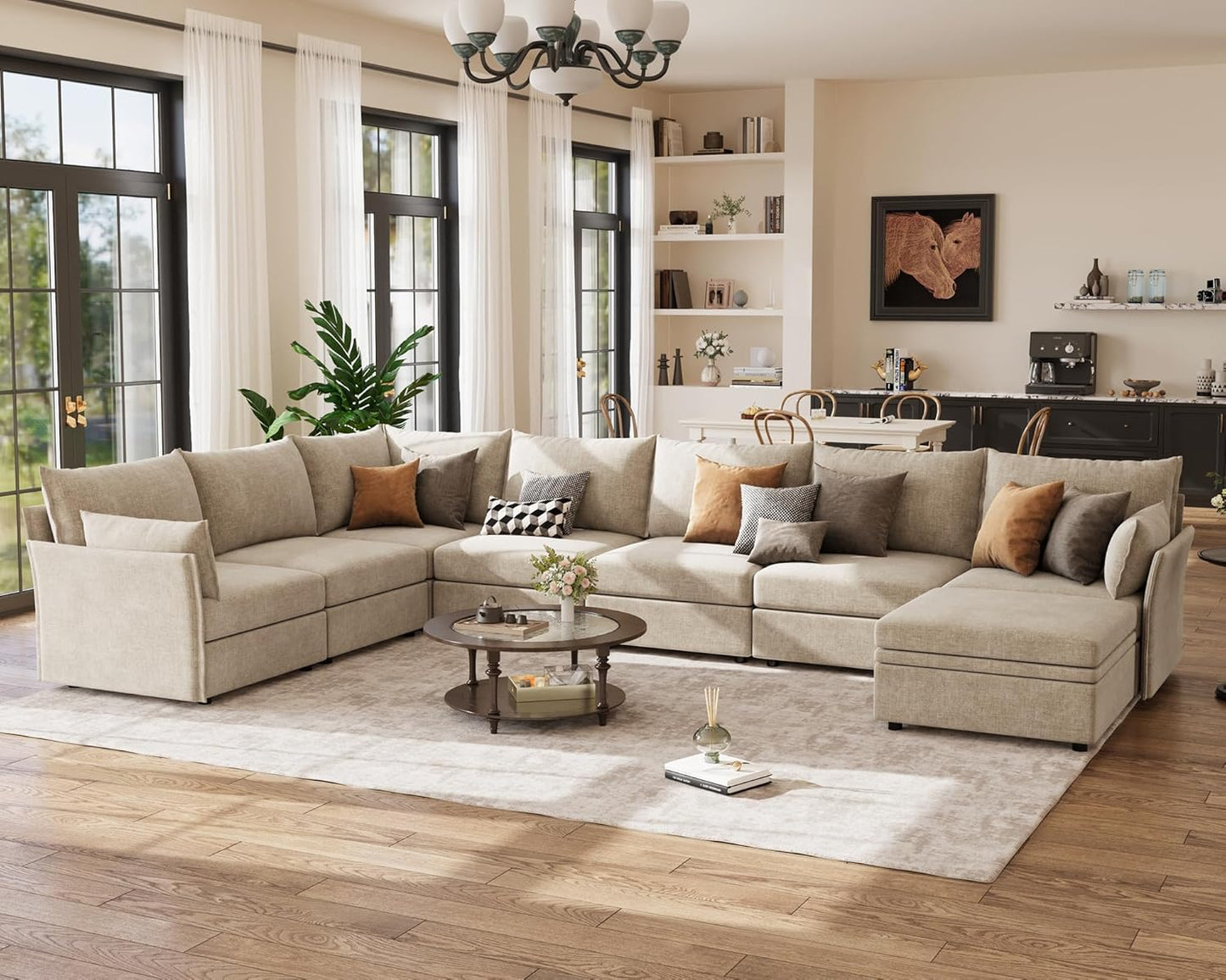 166.6" Oversized Modular Sectional Sofa, U Shaped Convertible Couch with Movable Ottoman, Large 8 Seat Corner Couches for Living Room Deep Seat Beige Chenille