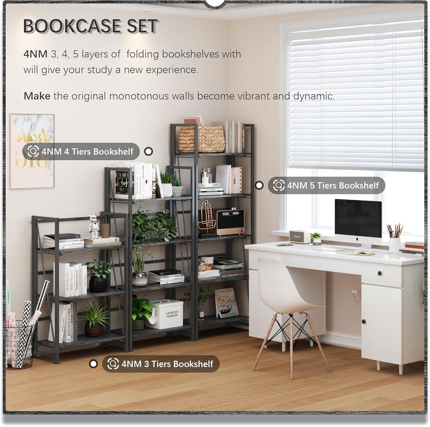 4NM No Assembly Foldable Bookshelf, 5-Shelf Collapsible Bookcase Storage for Small Spaces, 62.2" H, Gray and Black