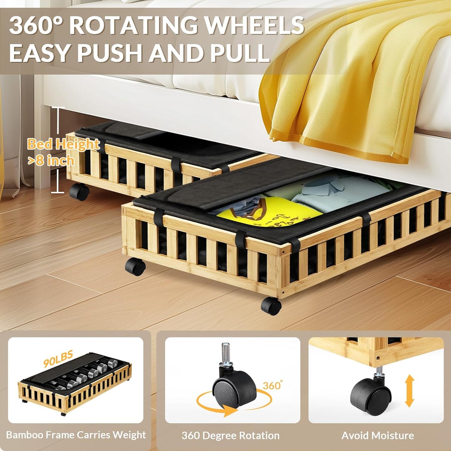 2 Pack Bamboo Under Bed Storage with Wheels, 39”x20”x7.8” Lager Under Bed Storage Containers (Natural)