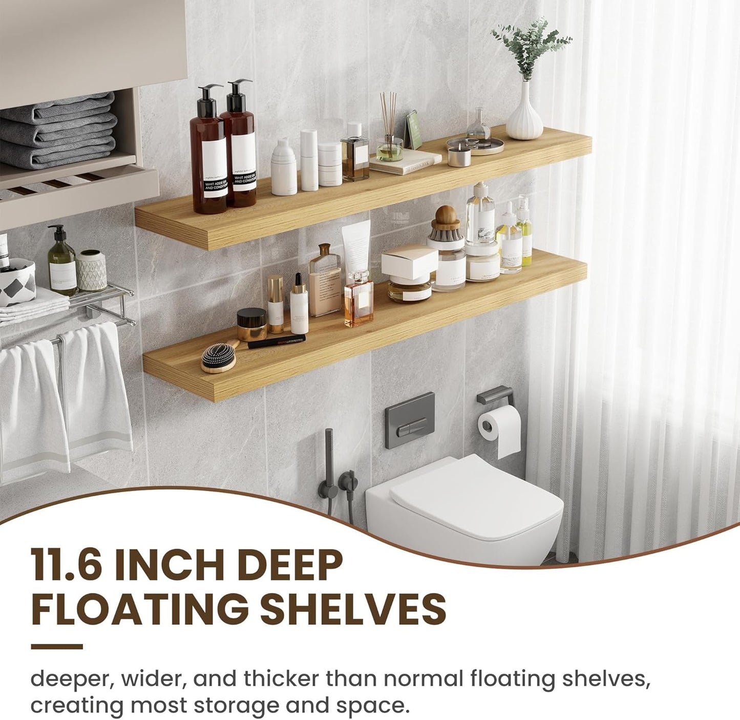 55 Inch Floating Shelves, 11.6 Inch Deep Floating Shelves for Wall, Floating Shelf with Invisible Brackets, Deep Shelves for Bathroom, Bedroom, Living Room, 1 Pack, Natural