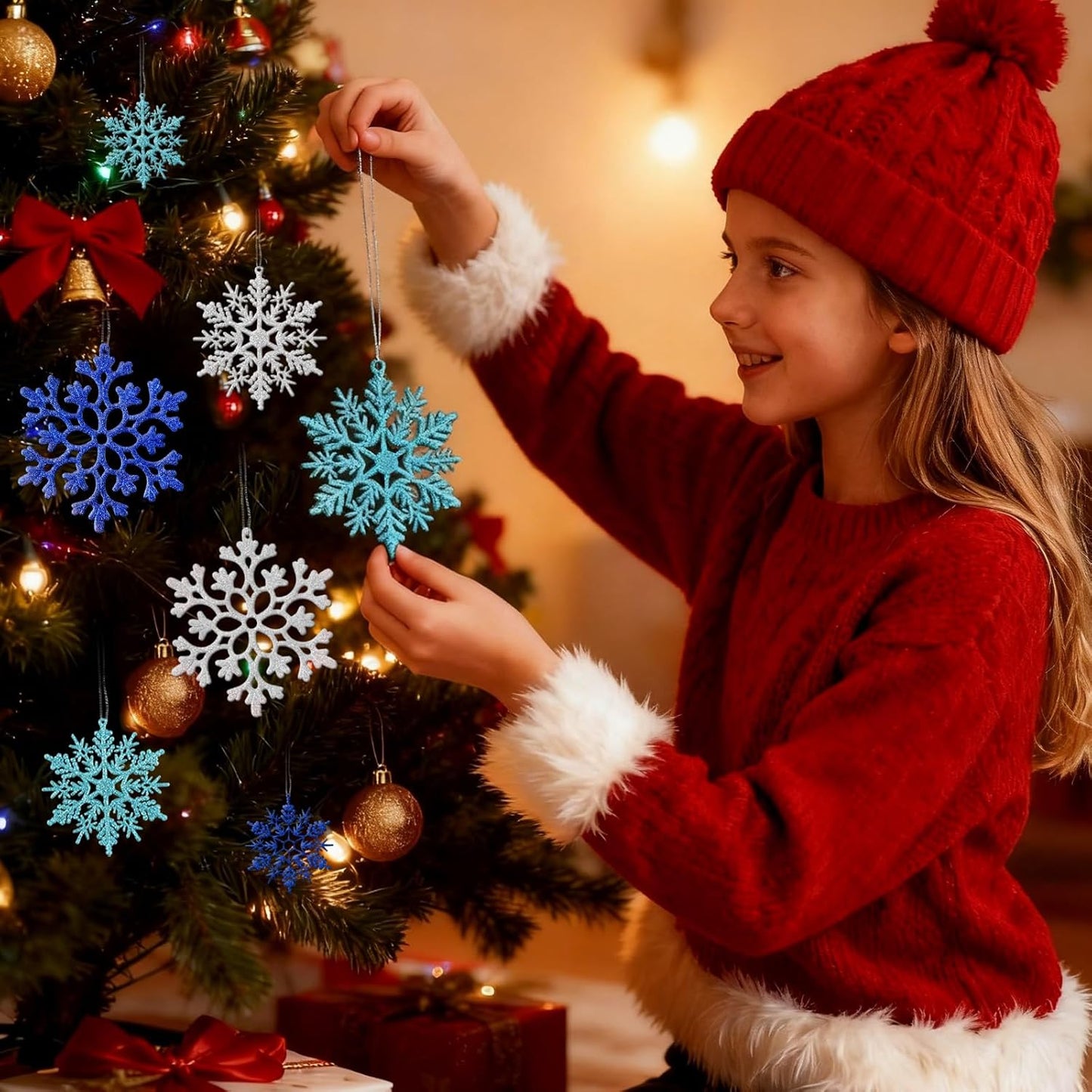 36pcs Blue Silver Christmas Snowflake Ornaments, Plastic Glitter Hanging Snow Flakes for Christmas Tree Decorations Winter Wonderland Frozen Birthday Party Home Decor Craft Snowflakes