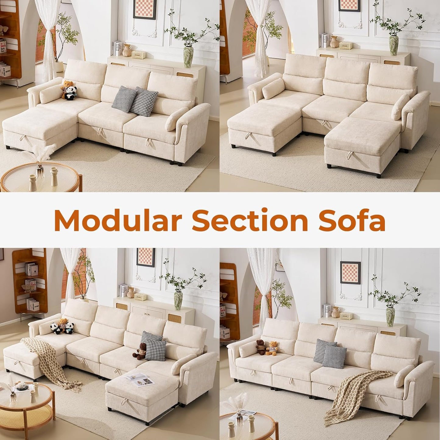132'' Oversized Modular Sectional Sofa, U Shaped Comfy Sectional Couch with Large Storage, 6 Seat Chenille Deep Seat Cloud Sofa with 2 Throw Pillows for Living Room,Beige