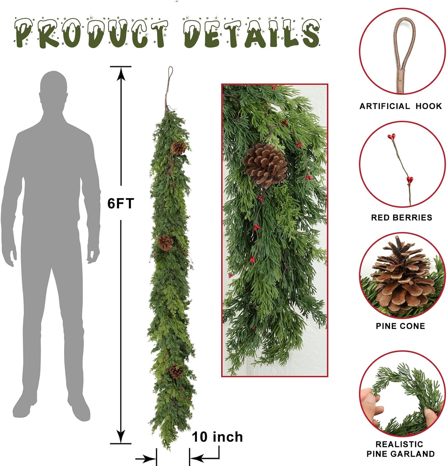 6 Ft Real Touch Christmas Garland Indoor with Pine Cone,Thick and Lush，Soft Bendable Mantle Garland Christmas, Lifelike Cedar Garland, Christmas Garland for Mantle,Indoor Christmas Decorations