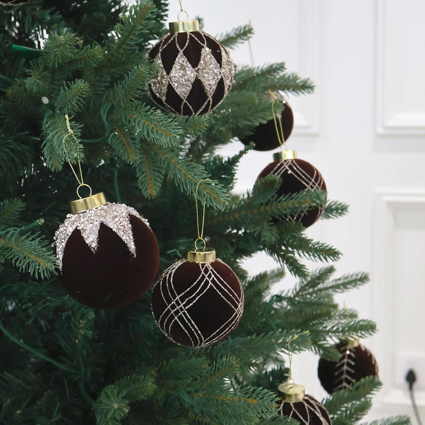 4inch Velvet Ornaments for Christmas Tree, 9PCS Glitter Flocked Christmas Ornaments Decorations Balls Set Decor Brown