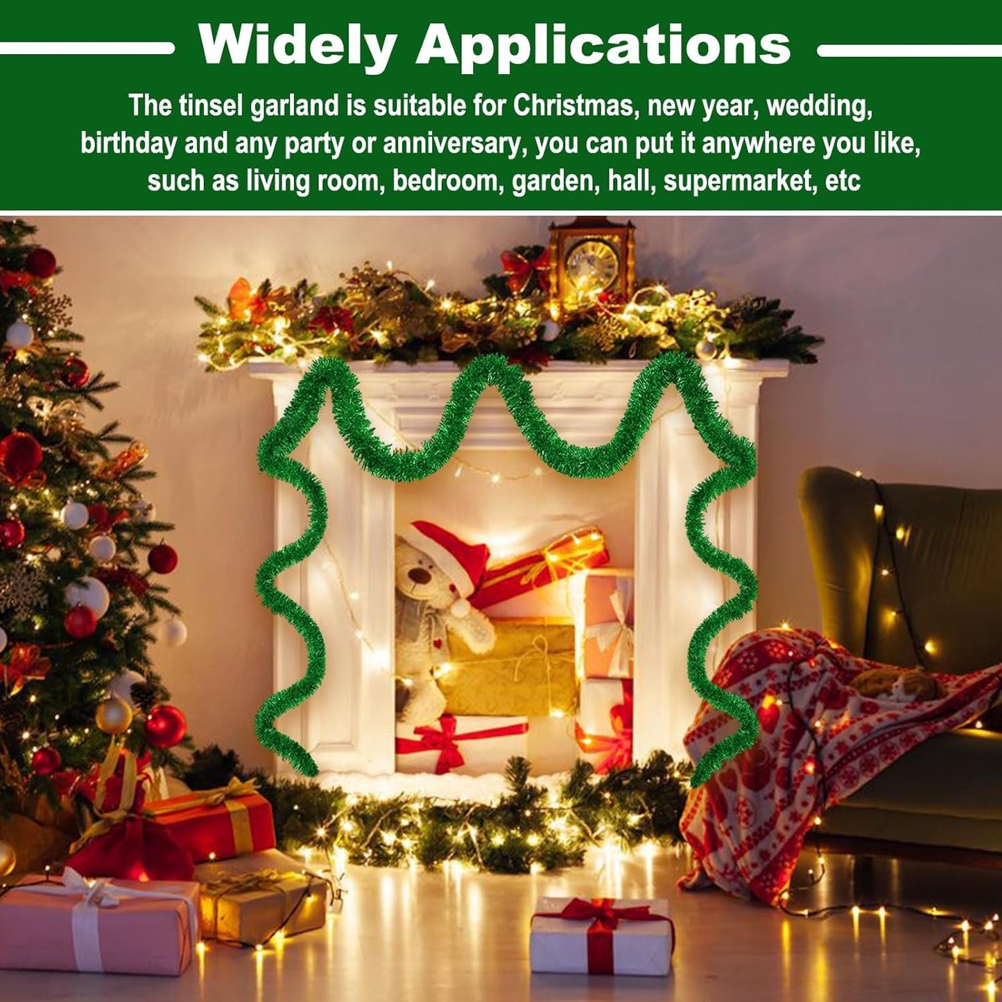 50 Feet Metallic Twist Tinsel Garland Backdrop for Parade Floats, Christmas Eve, New Year, Valentine's Day Party Decorations (Green, 2in x 50ft)