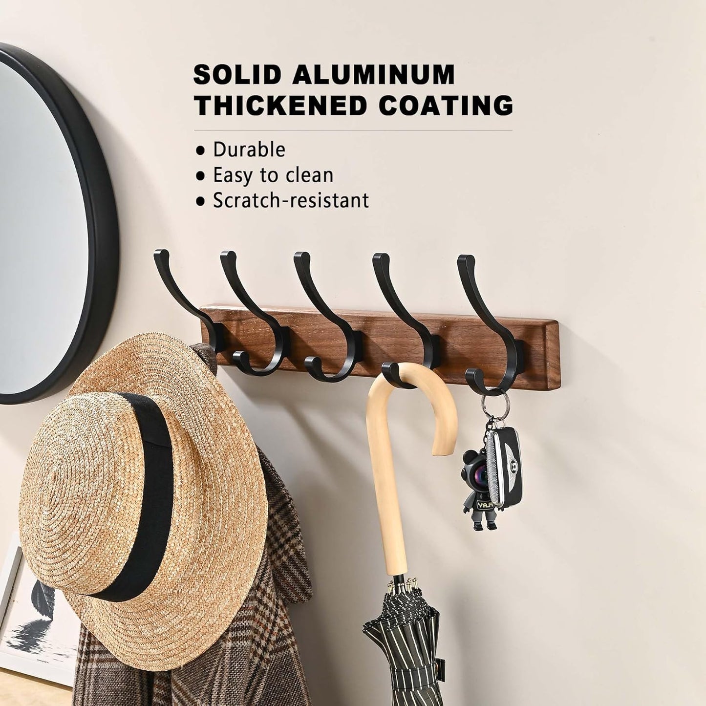 17.3" Small Wooden Coat Rack Wall Mount with 5 Hooks, Entryway Wall Hooks Coat Hanger for Hanging Towel Jacket Clothes Hat Backpack Shoe Purse Key Holder Multi Hook Rail by Black Walnut Wood