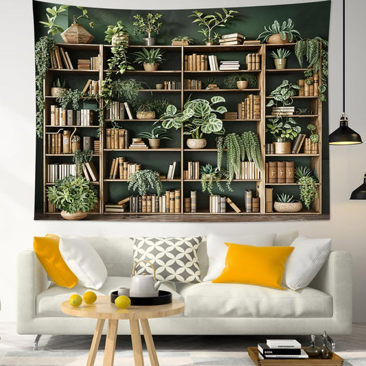 HVEST Green Plant Bookshelf Tapestry Book on Bookshelf and Plant Potted Tapestry Wall Hanging Reading Wall Tapestries for Study Room Bedroom Living Room College Dorm Decor, 51L x 59W Inches