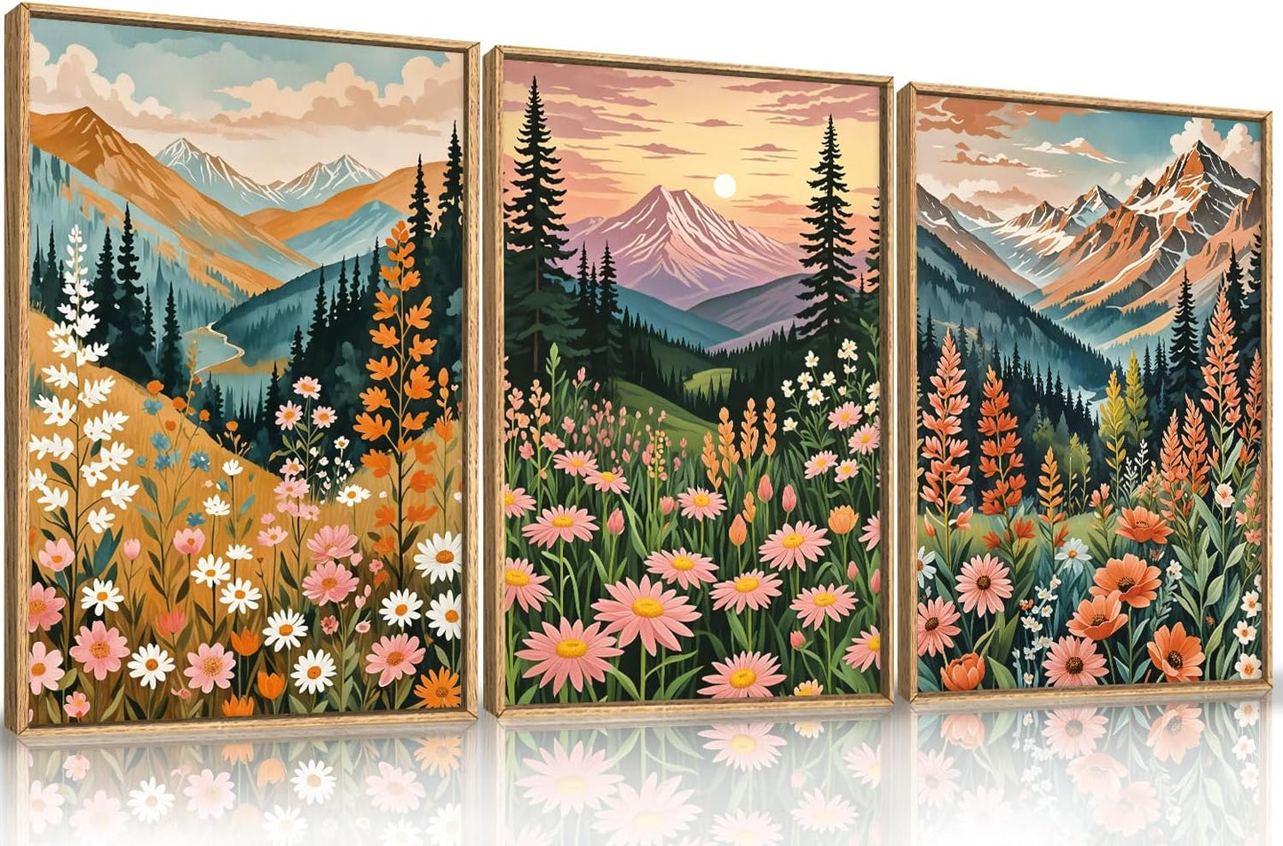 HPINUB Mountain Sunset Floral Framed Canvas Wall Art Set,Colorful Wildflower Daisy Flower Wall Decor,Boho Blossom Botanical Artwork Modern Nature Landscape Art Print for Living Room,Bedroom-24 x36 x3