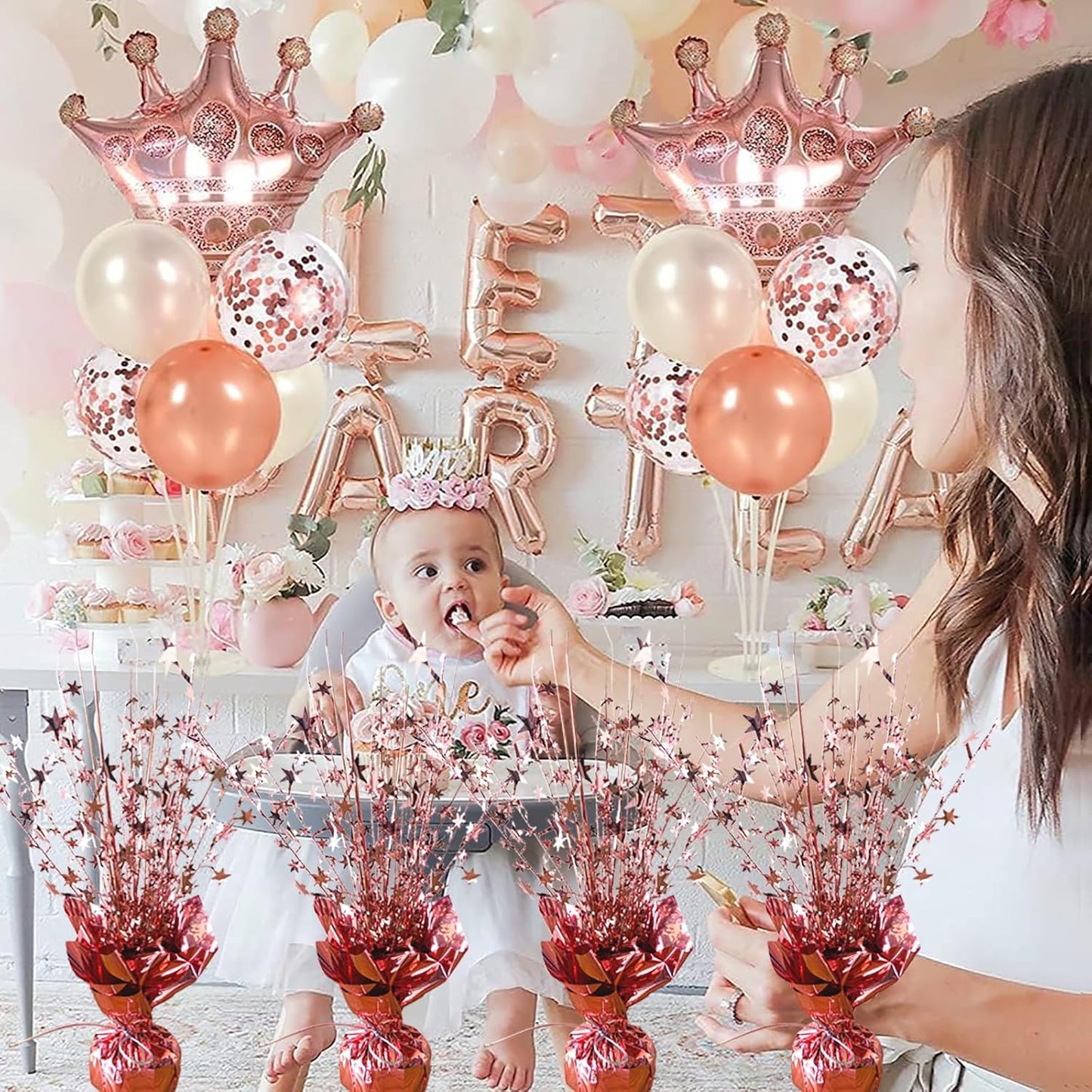 6 Pack Metallic Foil Spray Centerpiece Star Table Decoration Burst Table Centerpieces for Birthday Wedding Anniversary Graduation Holiday Party Supplies Decor, Rose Gold