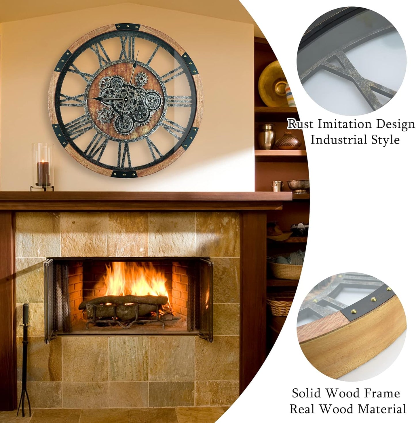 27 Inch Moving Gear Wall Clock, Oversized Wall Clocks, Clock Living Room Decor, Solid Wood Frame, Battery Operated, Large Wall Clock with Steampunk Industrial for Fireplace(Brown)