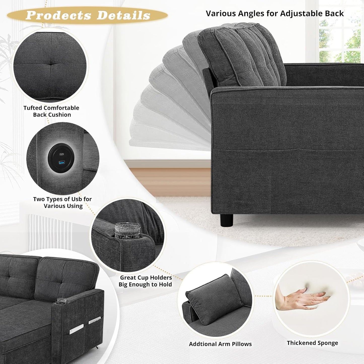 110 Inches Chenille Sectional Sofa w/Adjustable Back & Pull Out Sofa Bed, Tufted U Shaped Couch w/Two Storage Chaises, Sleeper Sectional Sofa w/USB Port & Cup Holders for Living Room, Grey