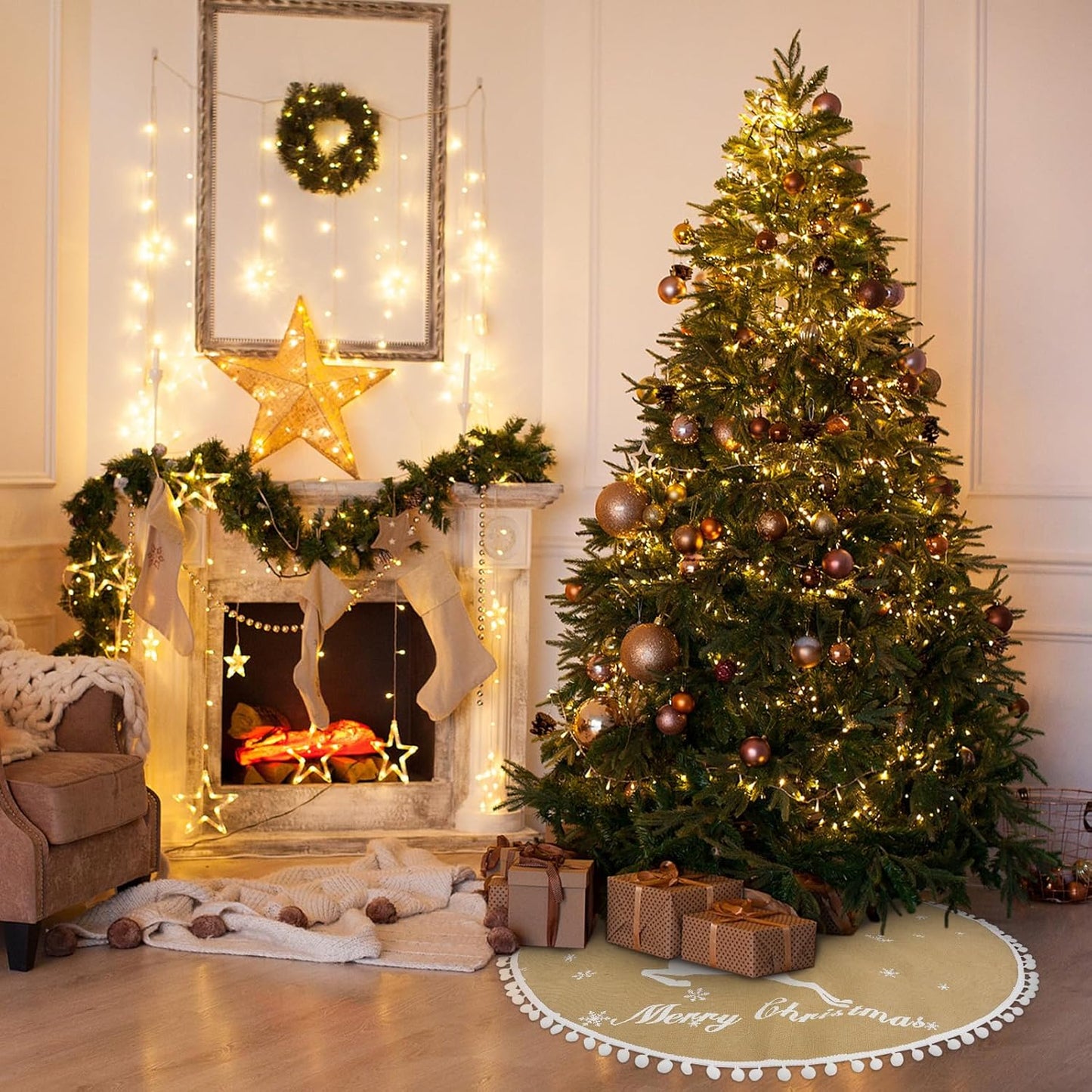 48 Inch Christmas Tree Skirt, Burlap Linen Color Christmas Rustic Tree Skirt with Elk Deer and White Snowflake Printed for Holiday Party Xmas Tree Decoration