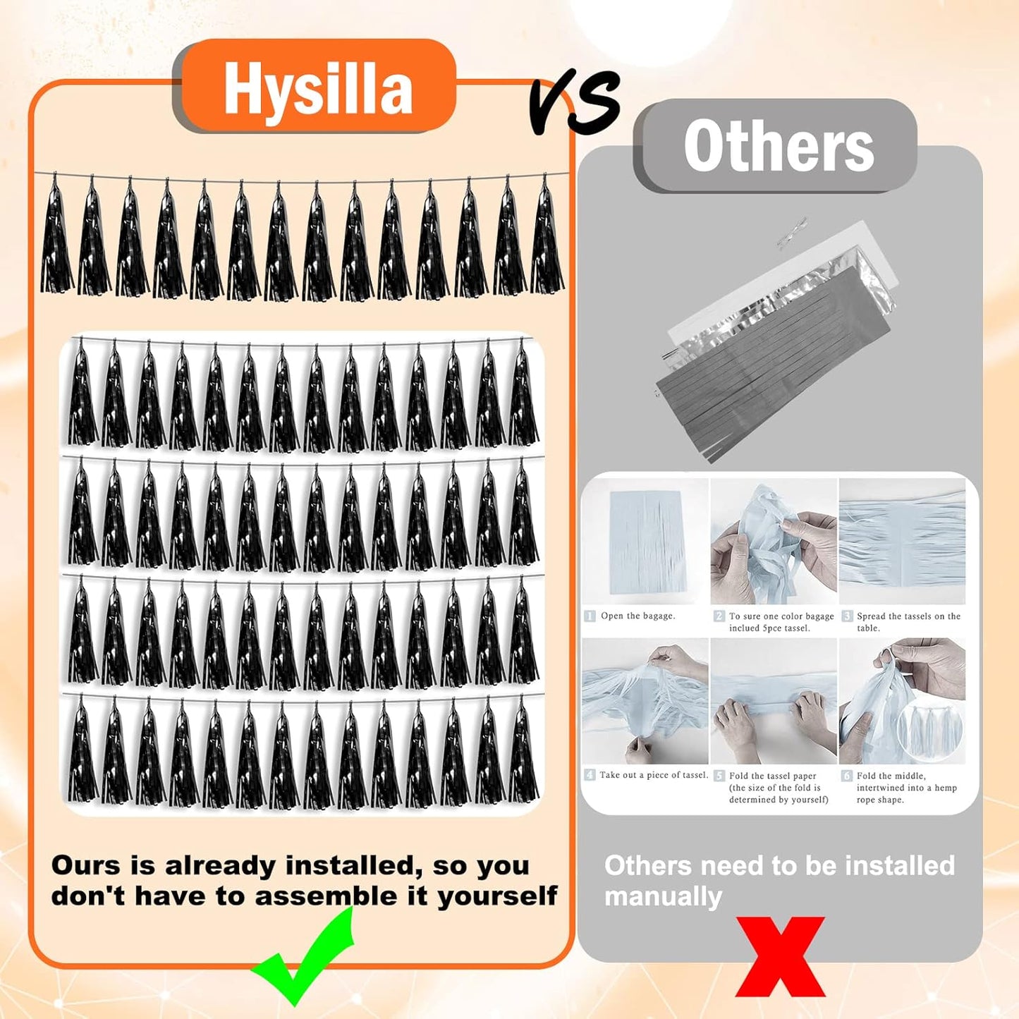 4P Black Foil Fringe Metallic Tassel Streamers Banner Tassel Garland for Parade Floats, Bachelorette, Wedding, Birthday, Halloween, Christmas, Bridal/Baby Shower Party Decorations