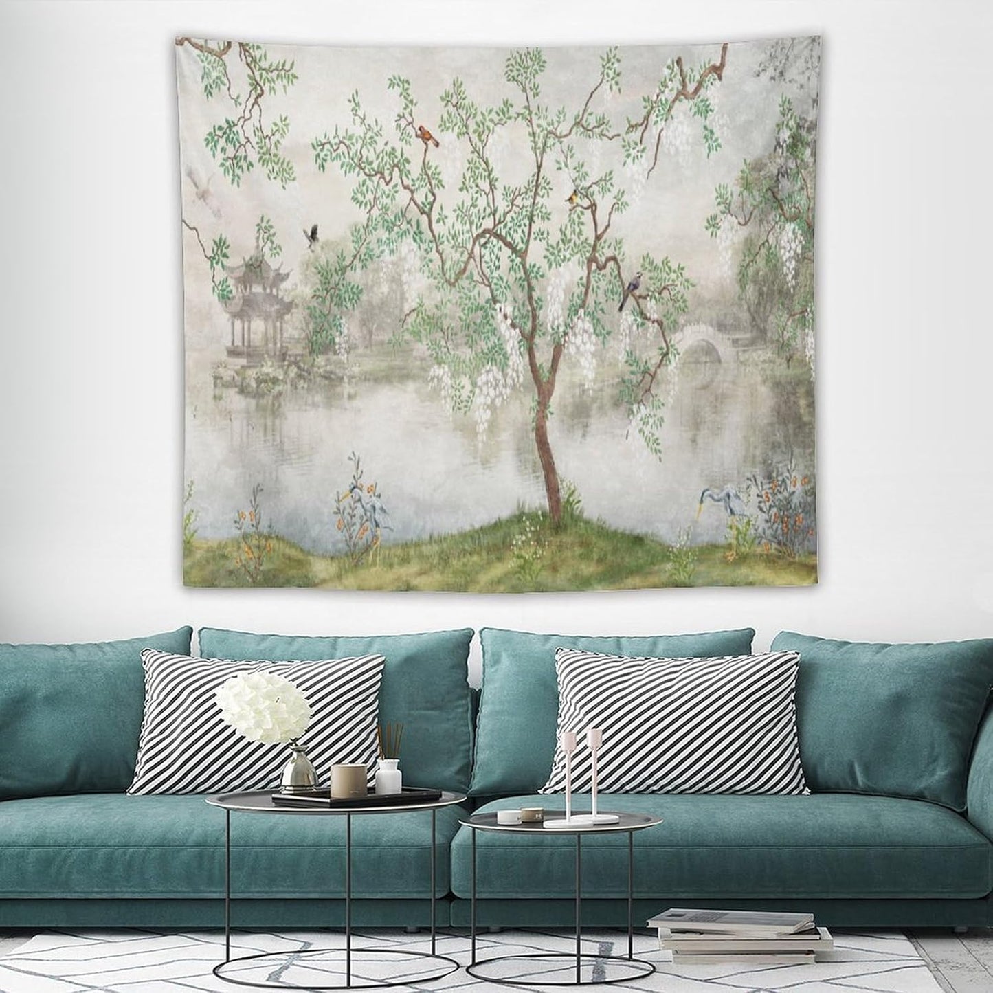 HZOHNAGO Japanese Tapestry Tree Misty Garden Lake Printed Wall Tapestry Ink Painting Wall Hanging for Bedroom Living Room Dorm 60" W x 50" H