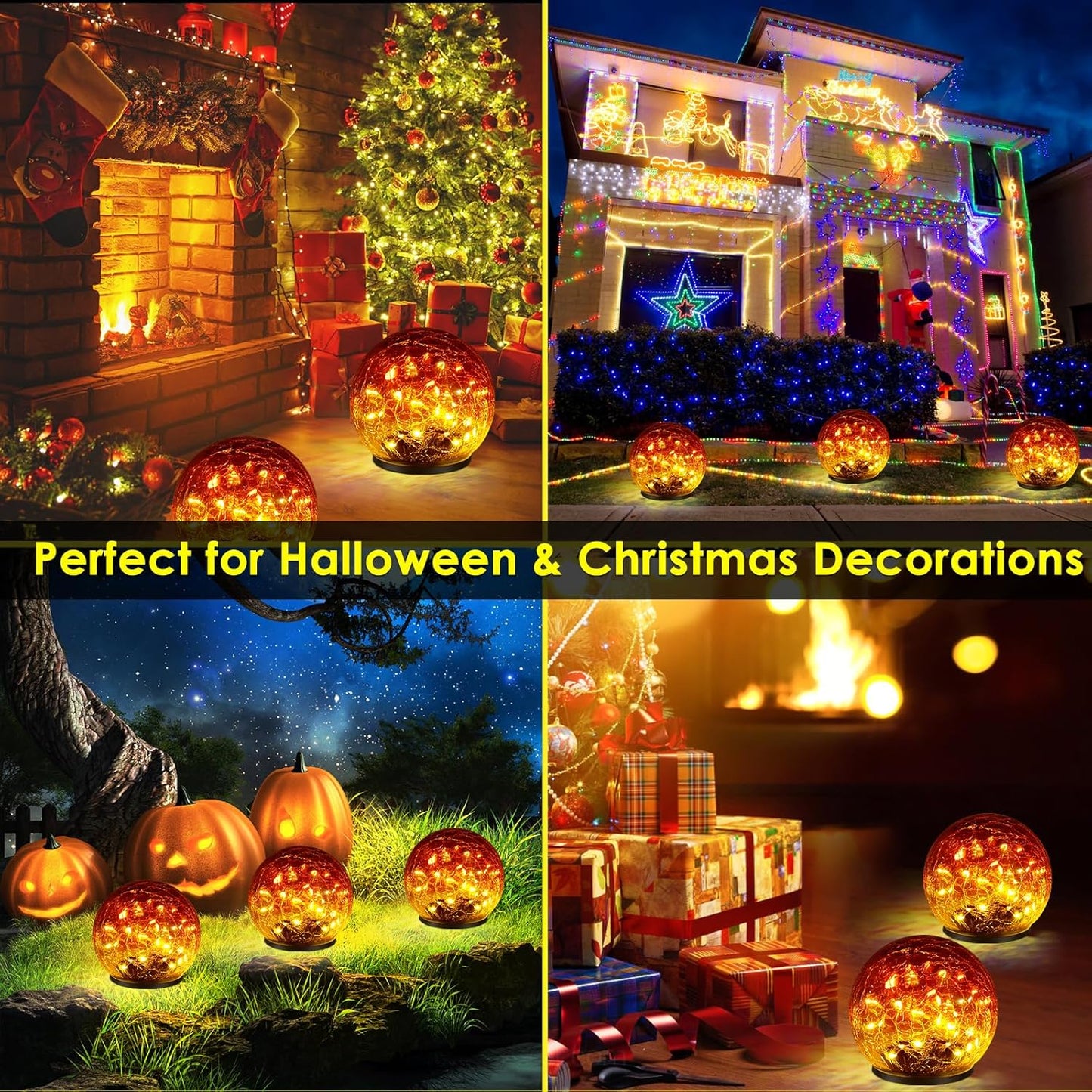 2 Pack 60 LED Garden Solar Outdoor Lights Decorative, Gradient red Cracked Glass Solar Globe Lights, Upgraded Waterproof Ball Lights for Yard Pathway Patio Lawn Christmas Outside Decor