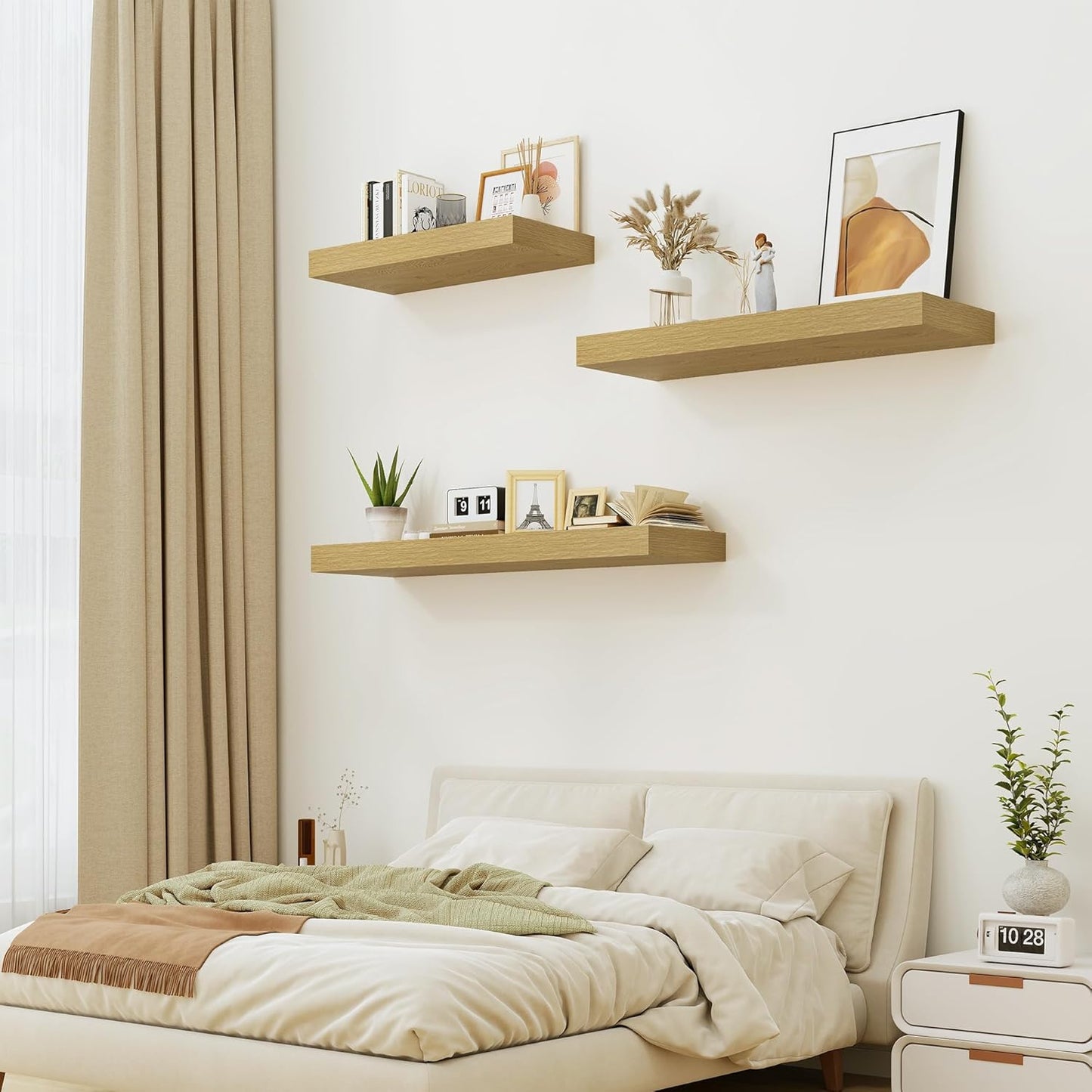 12" Deep Oak Floating Shelves,Over Toilet Long Wall Mounted Modern Farmhouse 36 inches,Wall Shelves with Invisible Brackets for Bedroom, Bathroom, Living Room, Kitchen, Set of 1