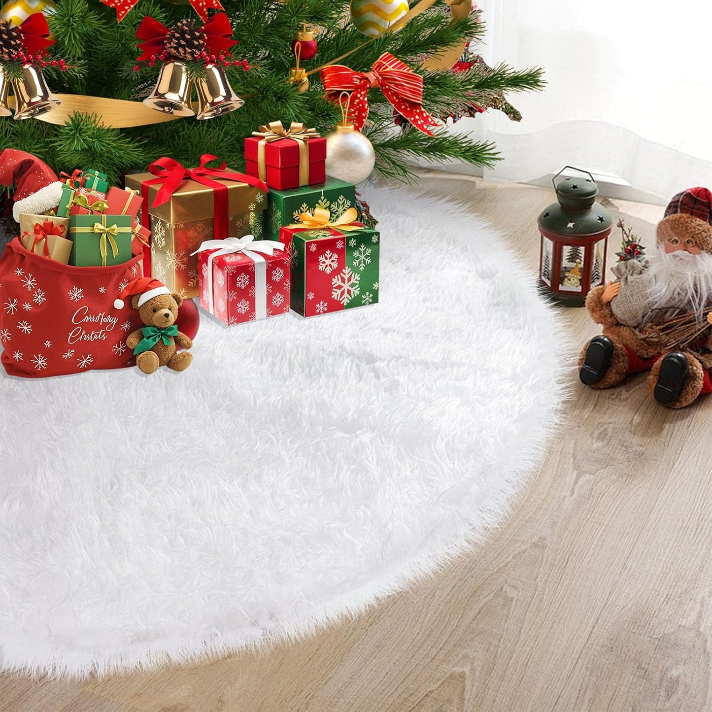 48 Inch Christmas Tree Skirt, White Plush Faux Fur Tree Skirts for 7.5 to 9 ft Trees, Snowy Xmas Tree Mat Decorations for Holiday Christmas Halloween Indoor Outdoor Decor