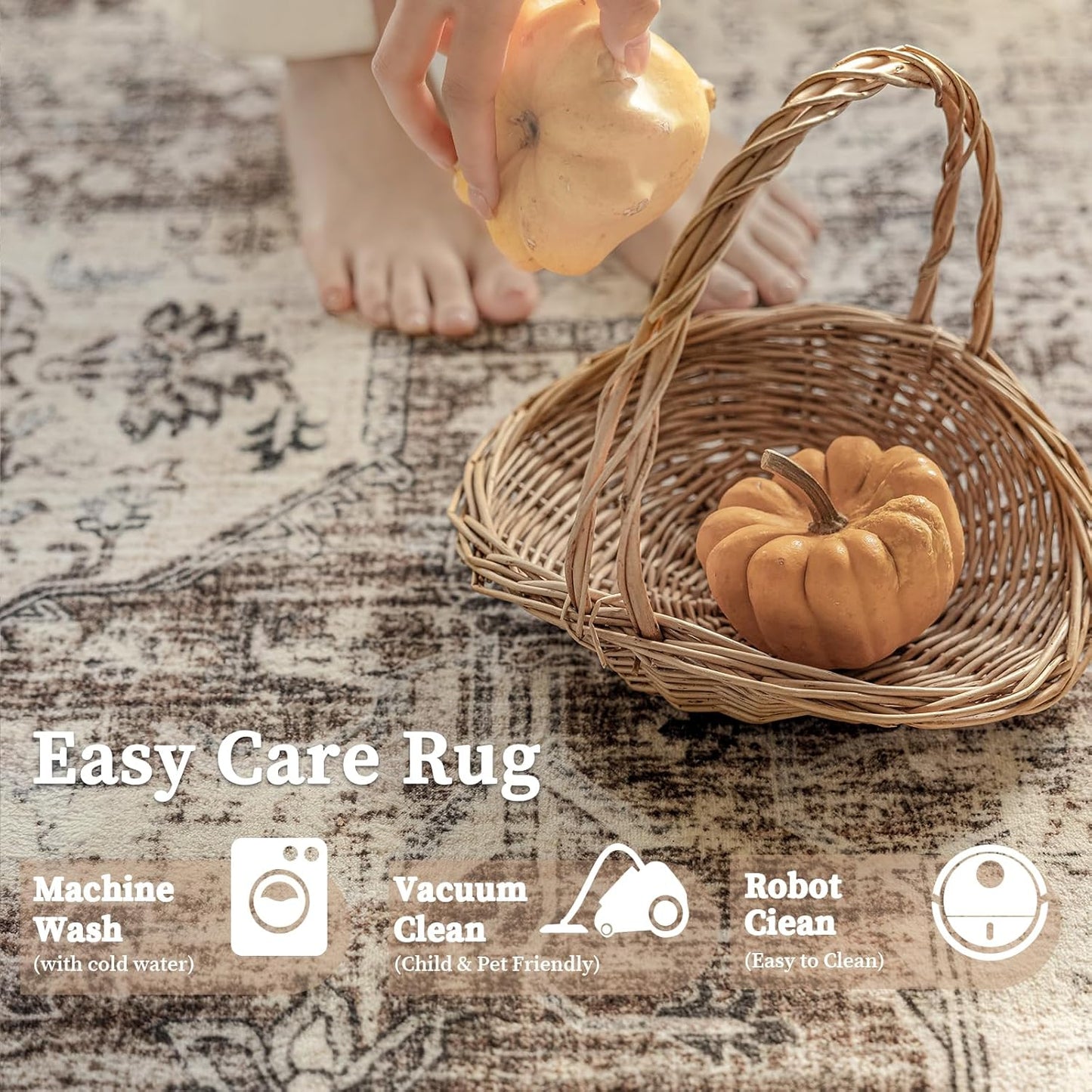 6'x9' Area Rug - Vintage Persian Medallion Design Low-Pile Faux Wool Rug, Non-Slip Backing, Machine Washable, for Living Room, Dining Room, Bedroom (Cream/Taupe)