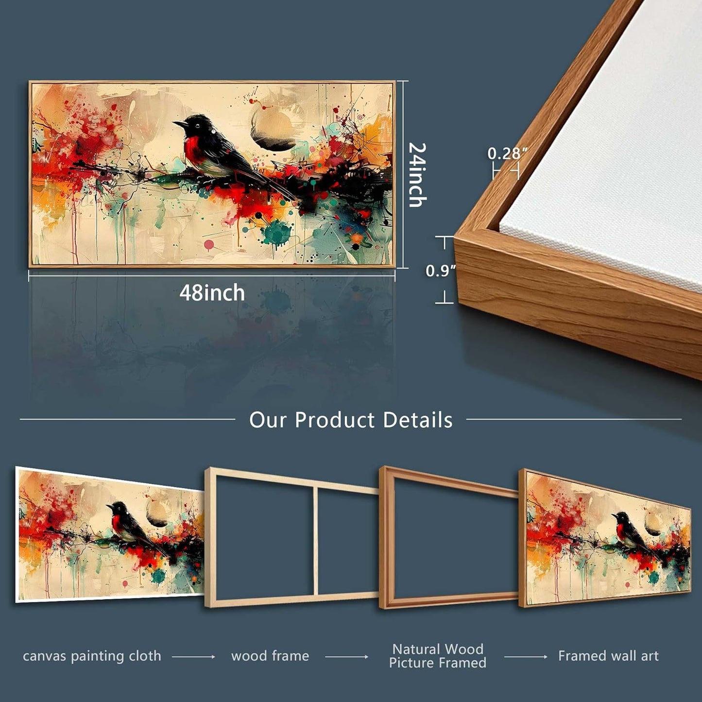 hyidecorart Wood Framed Wall Art For Living Room Large Wall Decor For Bedroom Office Home Wall Decor Pictures Posters Artwork Abstract Watercolor Bird Painting Hotel Canvas Art Room Decoration