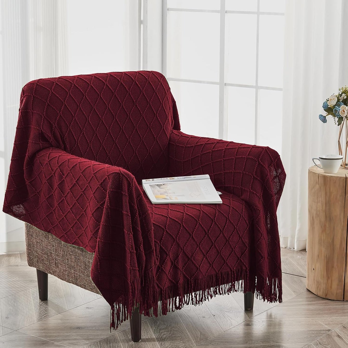 inhand Knitted Throw Blankets for Couch and Bed, Soft Cozy Knit Blanket with Tassel, Claret Lightweight Decorative Blankets and Throws, Farmhouse Warm Woven Blanket for Men and Women, 50"x60"